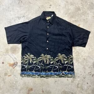 VTG 90s Caribbean Palm Trees AOP Button Up Silk Hawaiian Shirt Shirt Size XL